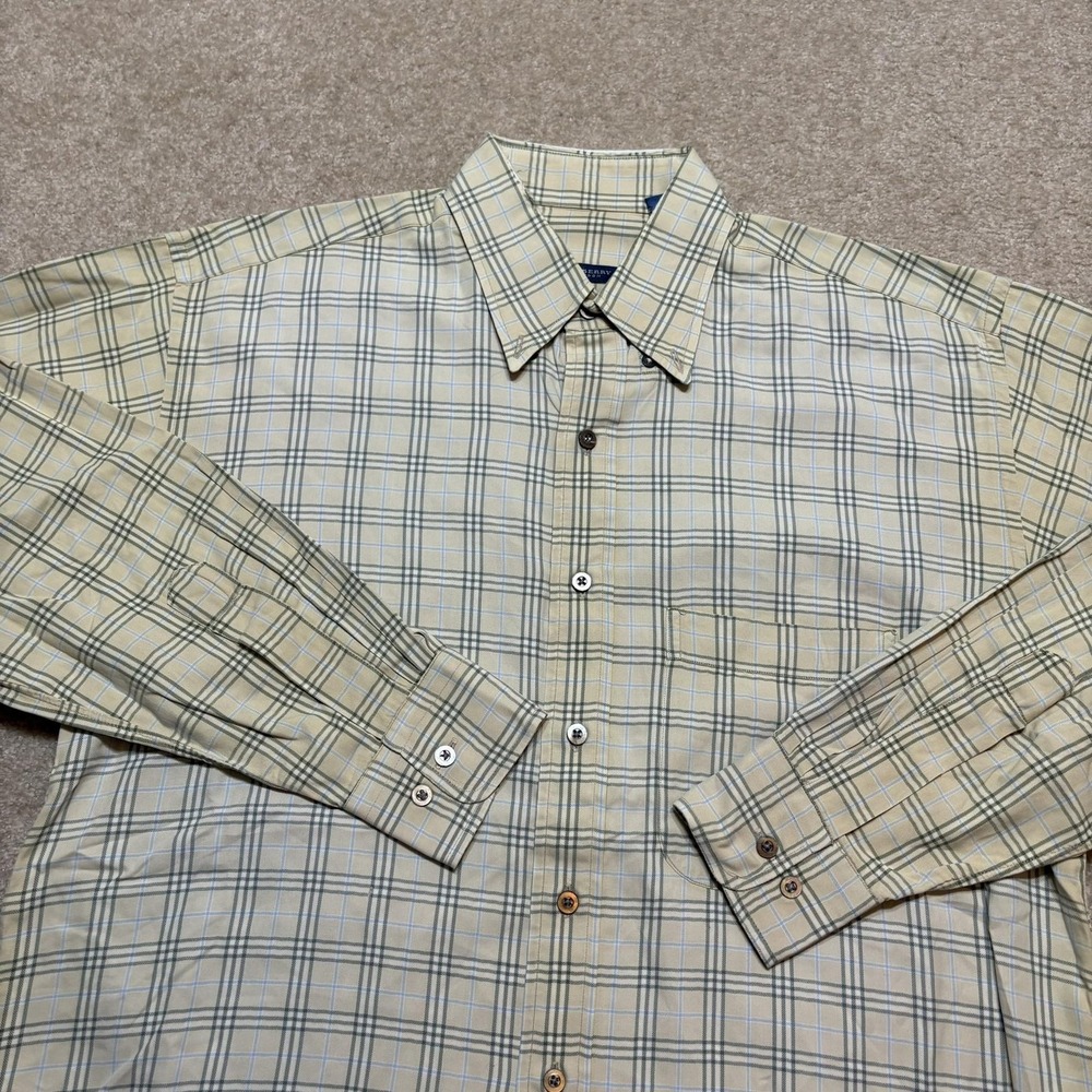 Burberry London Shirt Mens Medium Beige Plaid Twill Button Down LS USA Distress - Picture 5 of 16